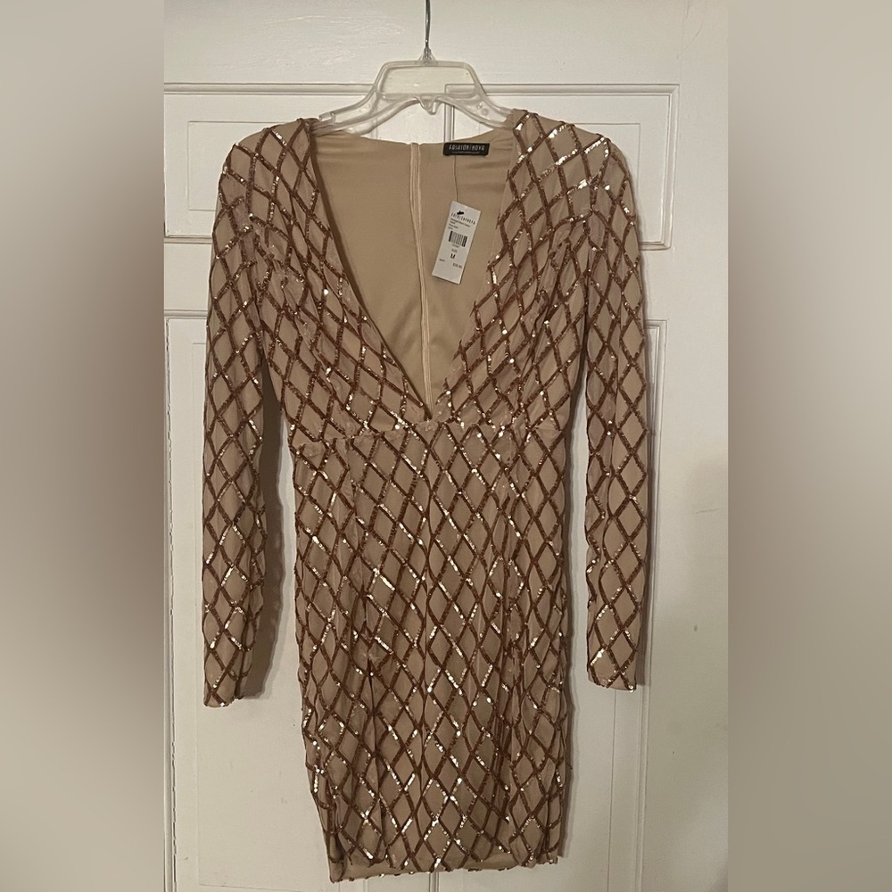 Fashion Nova Beige Sequin Long Sleeve Dress
